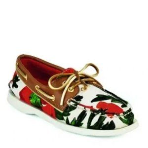 Milly for Sperry Top-sider Womens 8 M Boat Shoes Red Floral Canvas Gold Laces